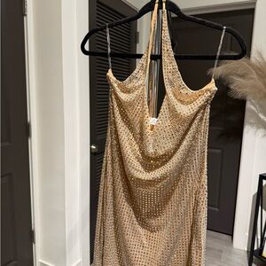 Oh Polly Gold Embellished Halter Mini Dress